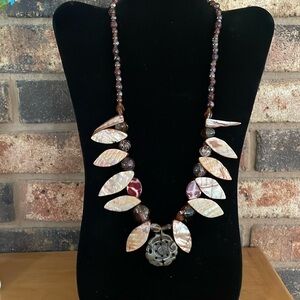 Dark Amber, Abalone shell, and Aztec style stone pendant vintage necklace